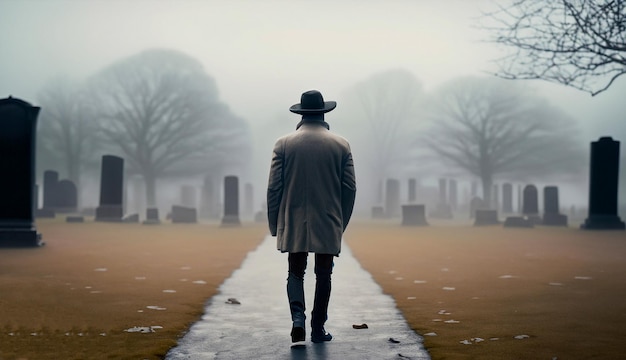 hombre con ropa cálida y sombrero caminando en el cementerio en un día de niebla vista trasera