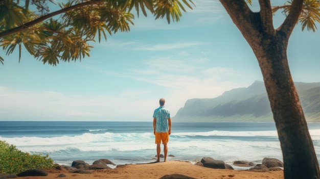 un hombre con ropa casual de pie mirando a la playa