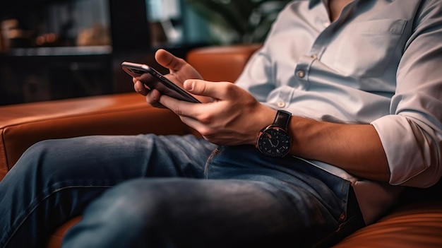 Hombre con ropa casual y reloj inteligente sentado en un sofá y con un teléfono inteligente en la mano