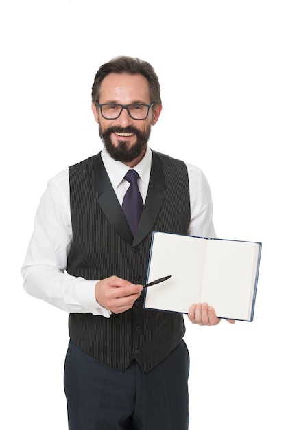 Hombre ropa formal sostener bloc de notas blanco explicar tema de negocios Concepto de escuela de negocios Anteojos expertos maestro inteligente Altavoz conferencia de negocios aislado blanco Únase al evento de la academia de negocios de élite