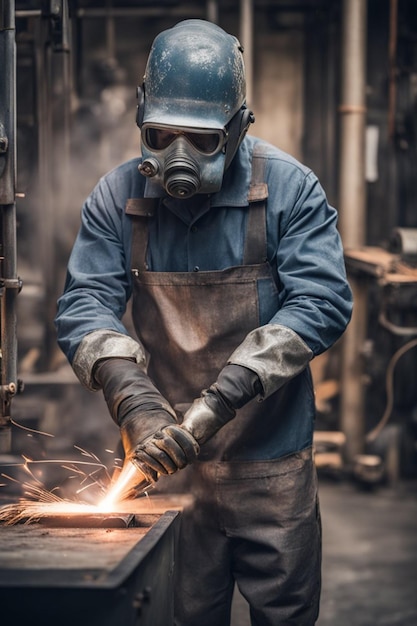 Hombre con ropa industrial guantes de cuero y máscara de molienda soldadura de metal