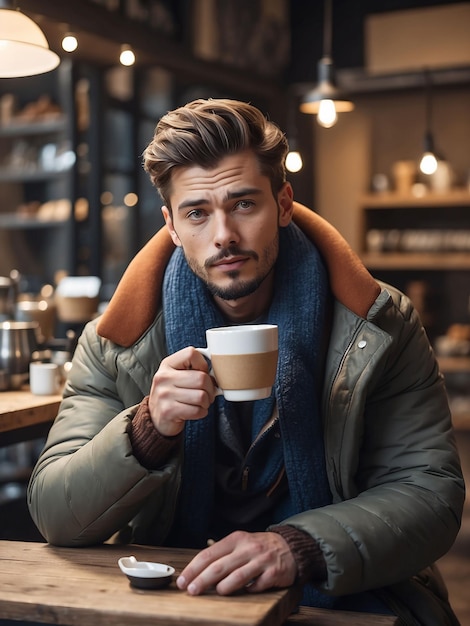 Un hombre con ropa de invierno está sentado en una tienda bebiendo café