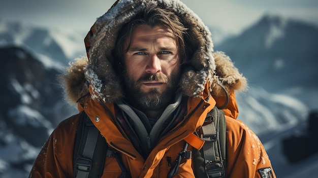 Hombre con ropa de invierno en el fondo de la montaña