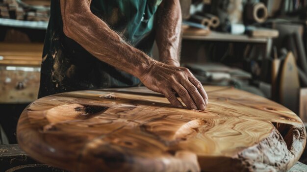 Un hombre con ropa de trabajo y gafas de seguridad tallando una pieza de madera con un cincel