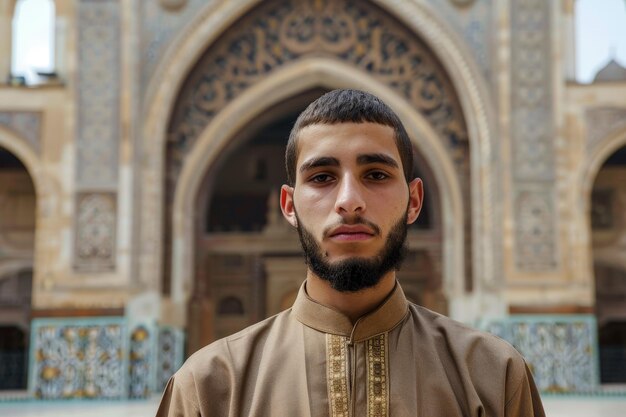 Foto hombre con ropa tradicional de oriente medio de pie frente a la arquitectura ornamentada