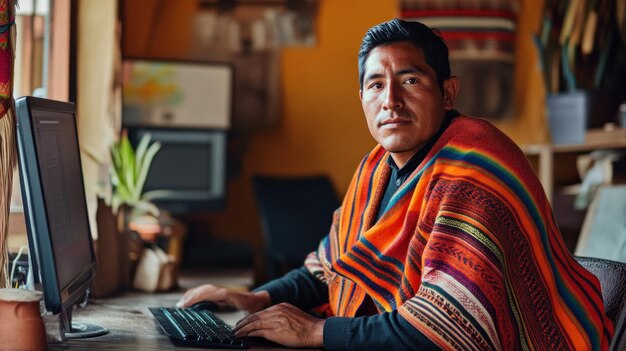 Hombre con ropa tradicional usando una computadora