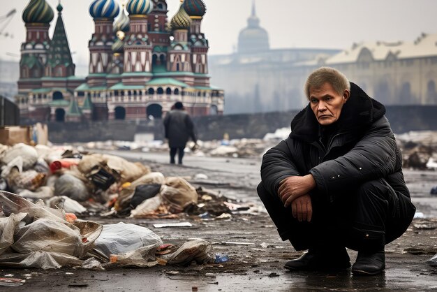 Hombre ruso observando la ciudad rusa destruida