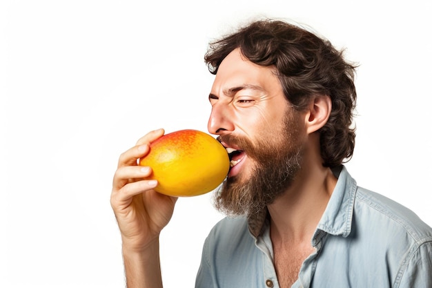 Un hombre saboreando el jugoso mango aislado sobre un fondo blanco