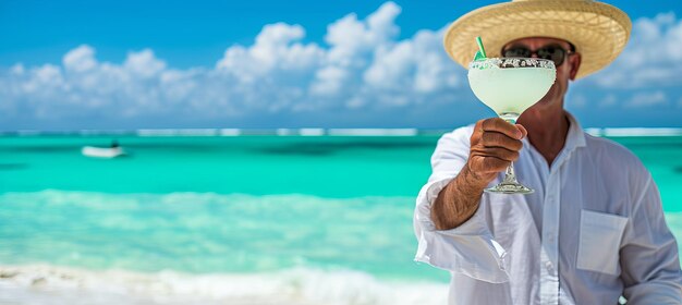 Foto hombre saboreando tranquilamente margarita en la playa empapada del sol ideal para la colocación de texto cautivador