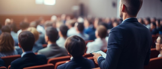 un hombre en una sala de conferencias con un hombre en un traje sentado frente a él