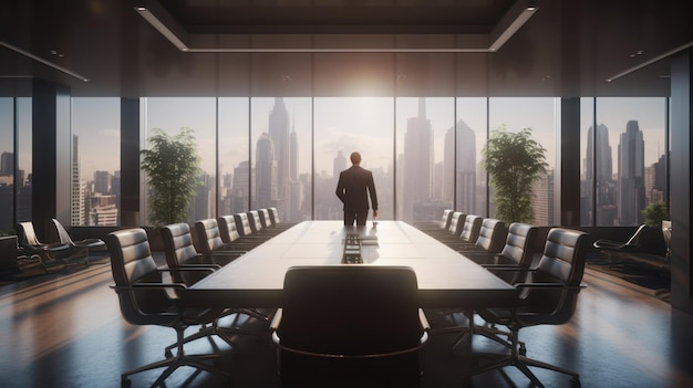 Un hombre se para en una sala de conferencias con una vista de la ciudad al fondo.