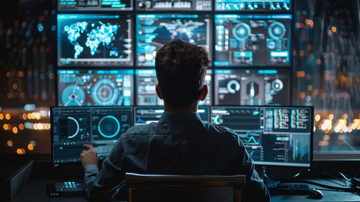 Foto un hombre en una sala de control con un fondo azul con una luz azul y un fondo azul