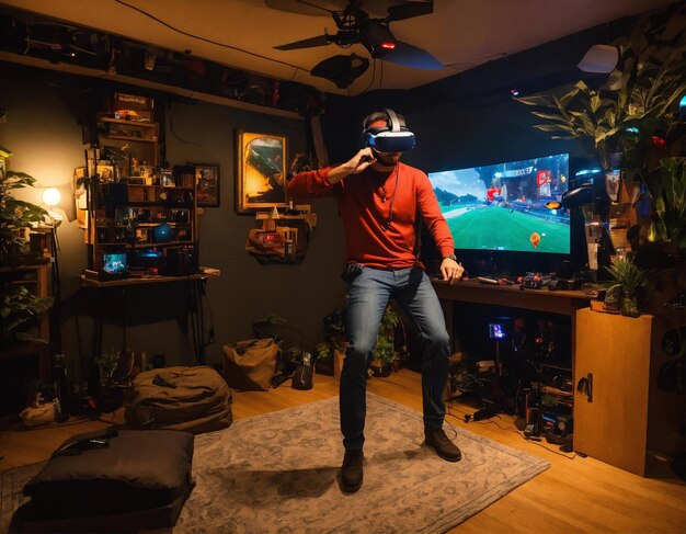 Foto hombre en la sala de juegos usando auriculares vr