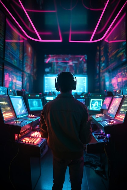 Un hombre en una sala de luces de neón con una computadora frente a él.