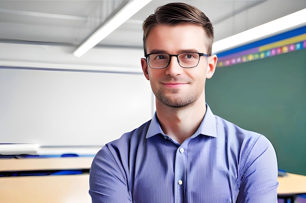 Foto un hombre en un salón de clases con una pizarra detrás de él.