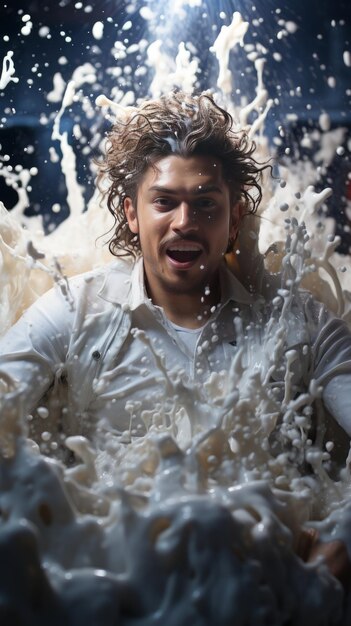 Foto hombre salpicado en la bañera de leche fotografía creativa de alta velocidad