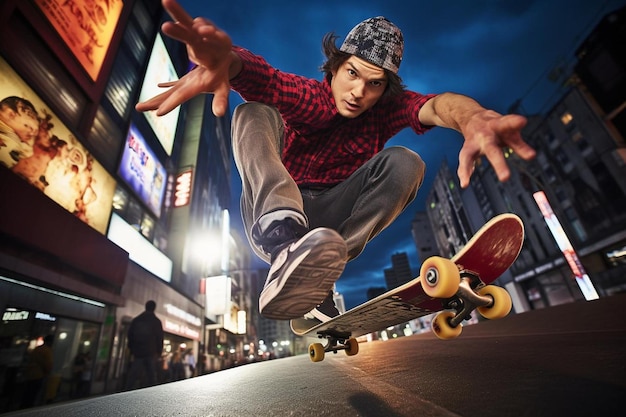 Un hombre salta con una patineta en el aire.