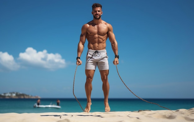 Hombre saltando cuerda en la playa IA generativa
