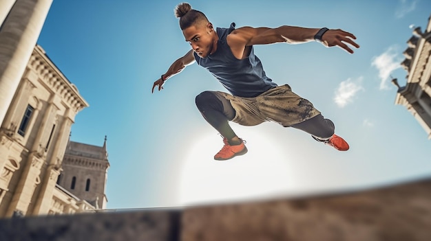 Foto un hombre saltando sobre una pared con un edificio al fondo.