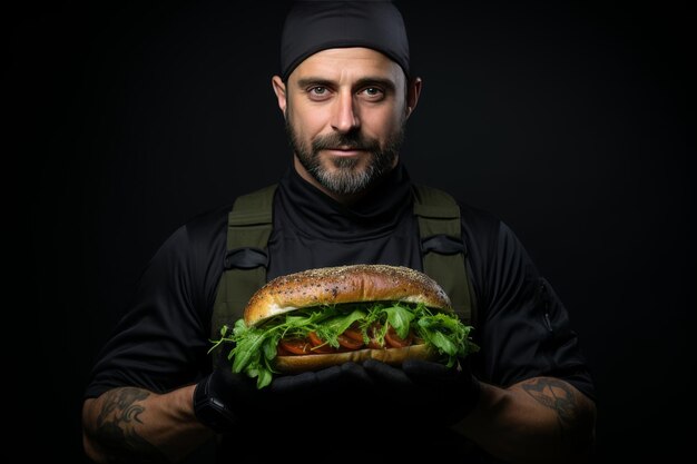 Foto hombre con un sándwich grande