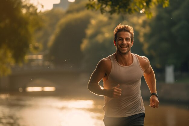 Hombre sano corriendo a la orilla del río durante el día