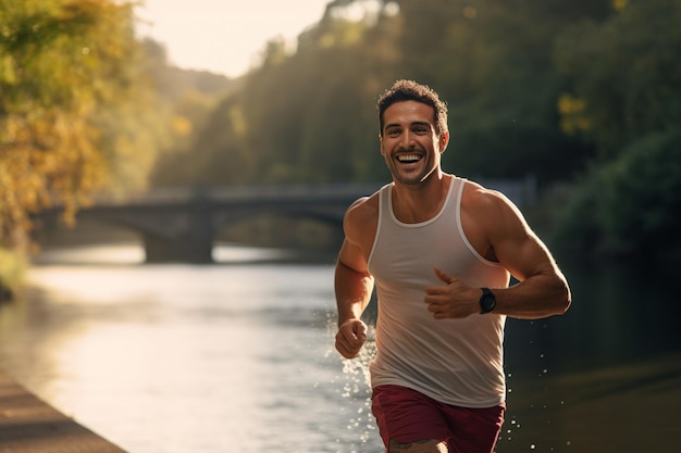 Foto hombre sano corriendo a la orilla del río durante el día