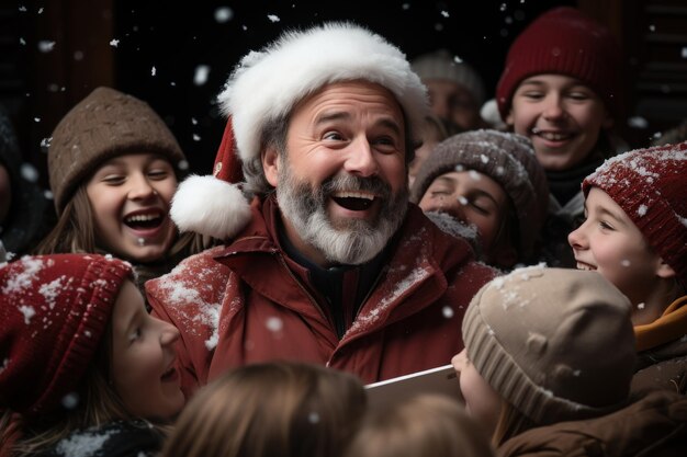 El hombre Santa Claus dirige un conmovedor coro de cantantes en un pintoresco fondo navideño en la plaza de la ciudad.