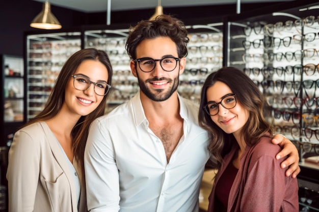 Hombre satisfecho especialista abrazando feliz en gafas en la tienda óptica