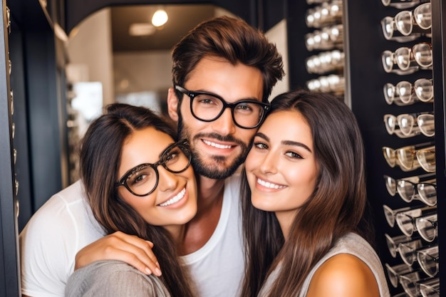 Hombre satisfecho especialista abrazando feliz en gafas en la tienda óptica