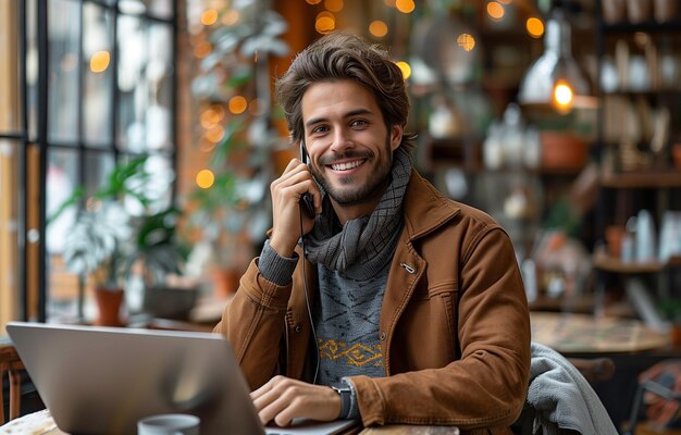 Foto hombre satisfecho multitarea en un café de moda conversando en su teléfono mientras se involucra con su portátil