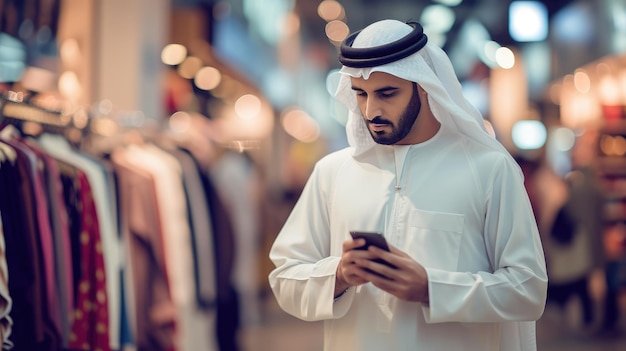 El hombre saudí moderno en el tradicional Thobe compra en línea