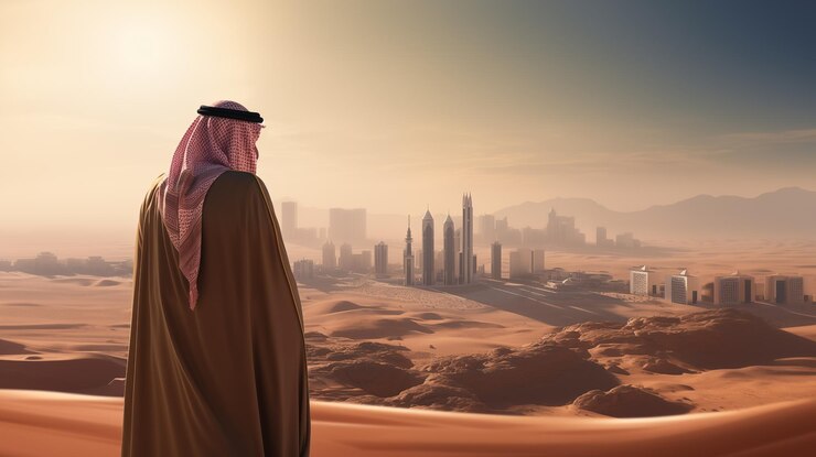 Hombre saudí de pie en el desierto mirando a la ciudad moderna