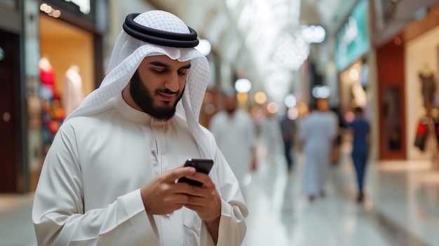 Hombre saudí con ropa tradicional haciendo compras digitales