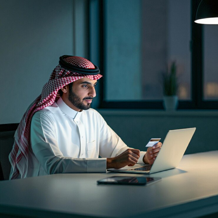 hombre saudí usando una computadora portátil con un teléfono celular