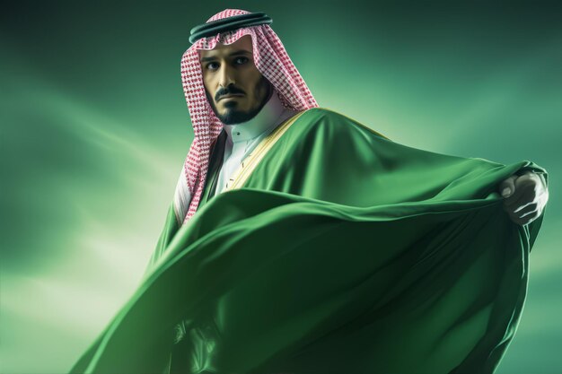 Foto hombre saudita sosteniendo la bandera de arabia saudita para celebrar el día nacional saudita