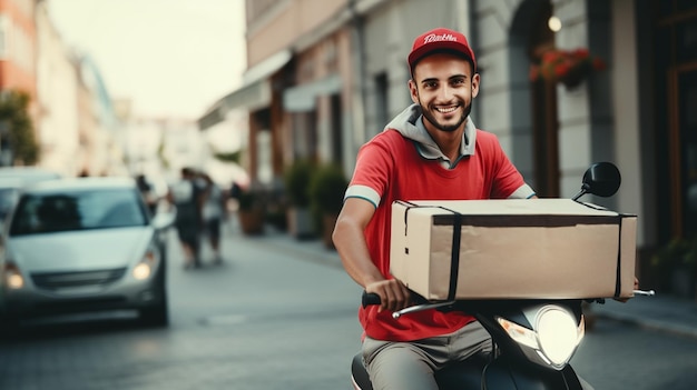 un hombre en una scooter con una caja en la espalda.