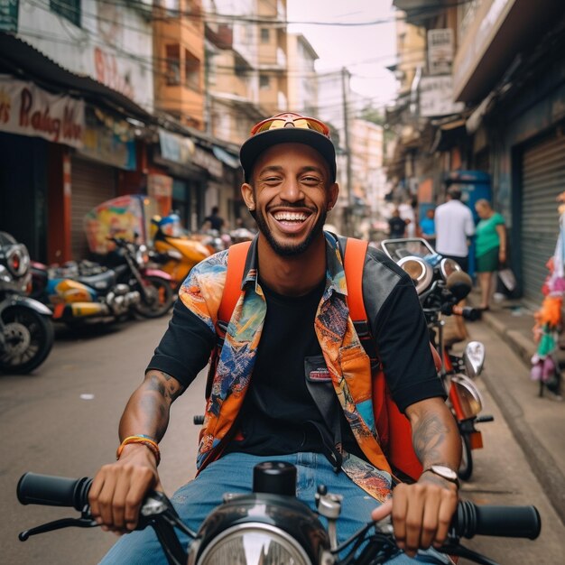 un hombre en una scooter con un cartel que dice "feliz"