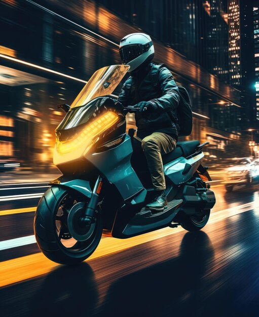 Un hombre en un scooter del futuro viaja rápido
