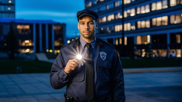 Foto hombre de seguridad de pie al aire libre con linterna en el edificio