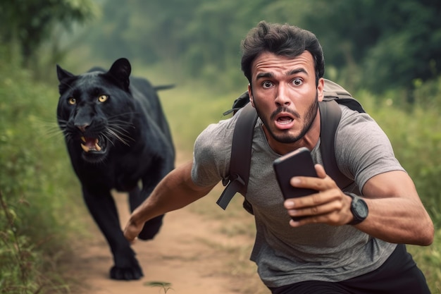 Hombre selfie asustado con pantera Generar Ai