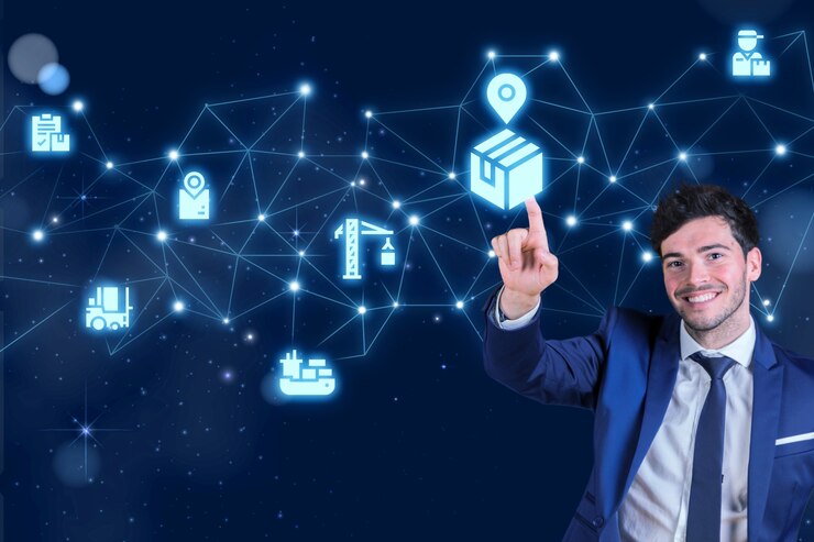 Foto un hombre señala una pantalla digital con la palabra pad en ella.