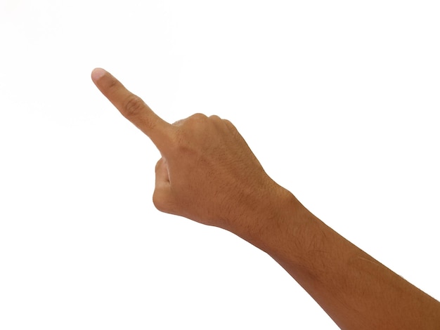 Foto hombre señalando algo en el fondo blanco de primer plano de la mano