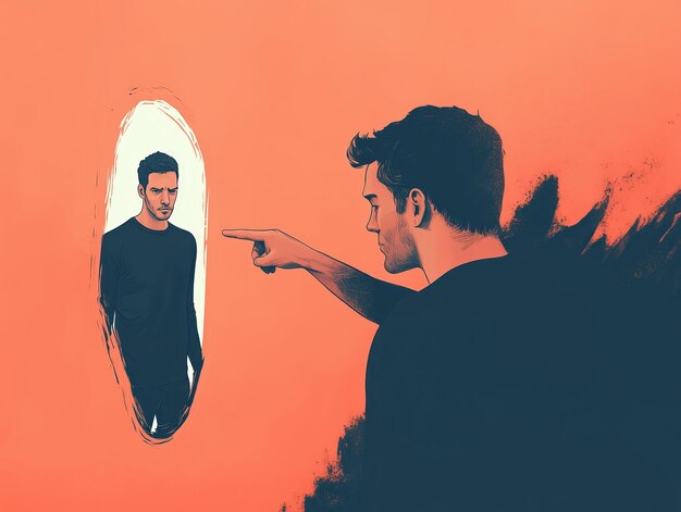 Un hombre señalando condenatoriamente a su reflejo en un espejo concepto minimalista de auto-odio y juicio