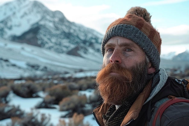 hombre de senderismo con barba y bigote en las montañas