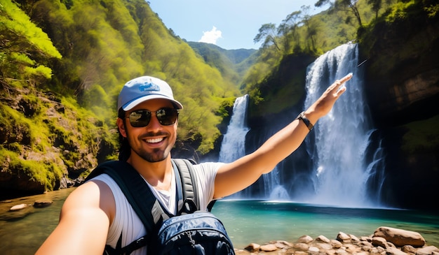 Hombre de senderismo tomando una foto selfie con cámara en un hermoso día soleado