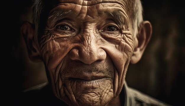 Hombre senior sonriente con arrugas de pelo gris y sabiduría que parece feliz generada por inteligencia artificial