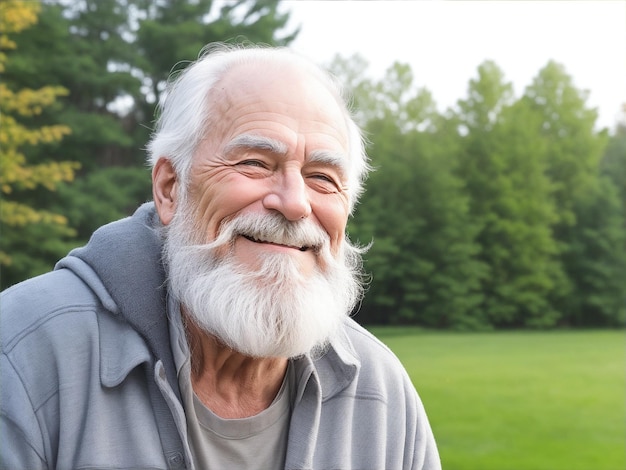 Hombre senior sonriente con barba gris al aire libre por IA generativa