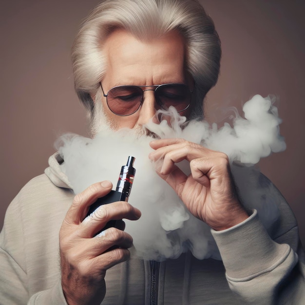 Hombre Senior Vaping en un fondo sólido ai generativo