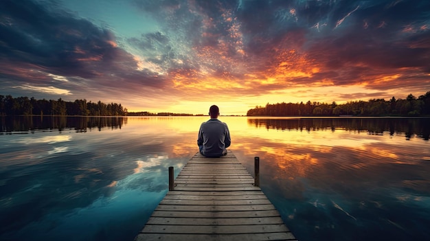 un hombre sentado al final de un muelle de madera desgastado sus pies colgando por encima de la superficie del lago tranquilo mientras mira pensativo en la distancia