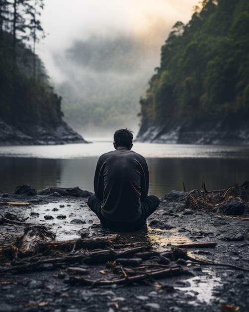 un hombre sentado en el borde de un río en el medio de un bosque de niebla